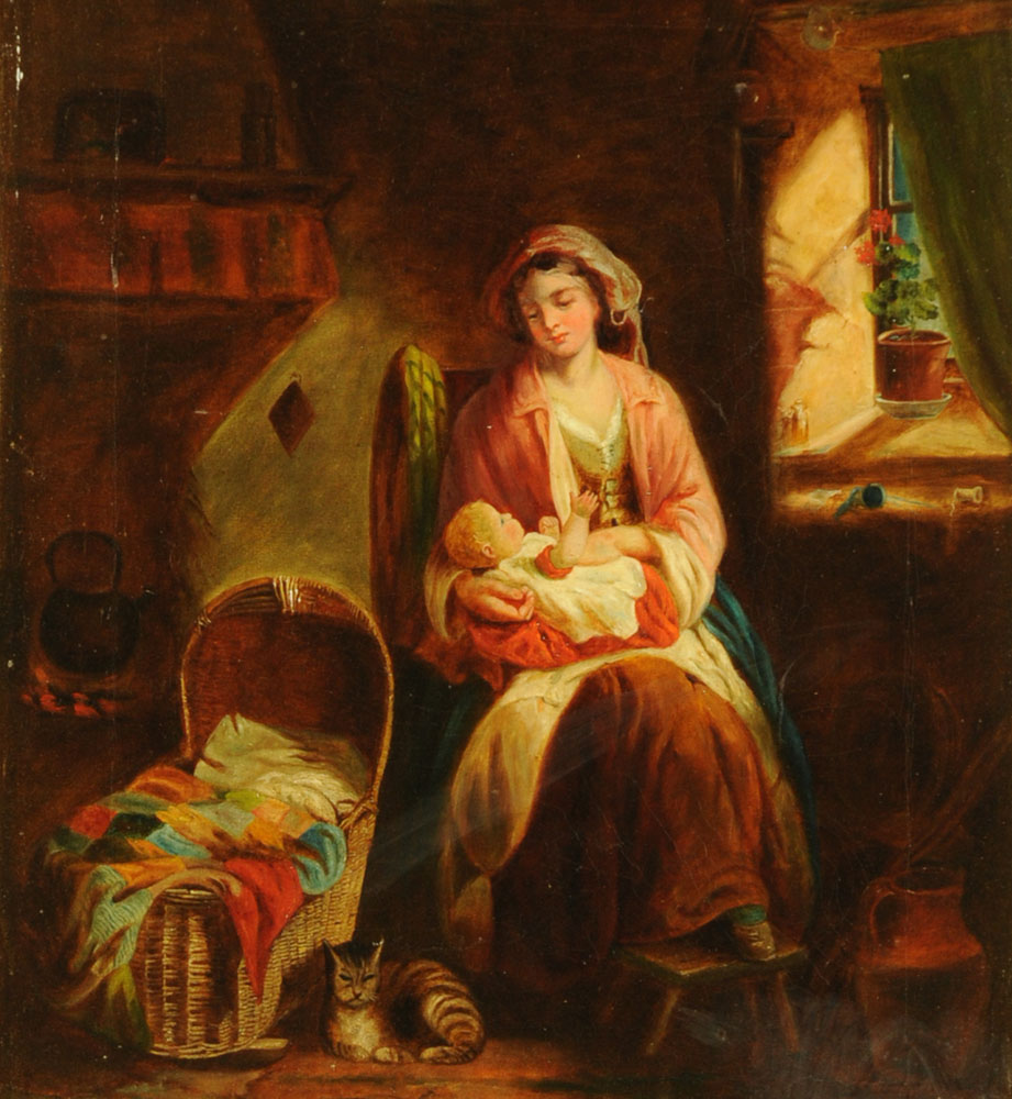 A 19th century oil painting on canvas, mother and child interior scene. 46 cm x 42 cm, framed.