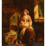 A 19th century oil painting on canvas, mother and child interior scene. 46 cm x 42 cm, framed.