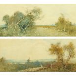 Fred Hines (1875-1928), a pair of watercolours, sheep and figures in landscape. 22 cm x 53 cm.