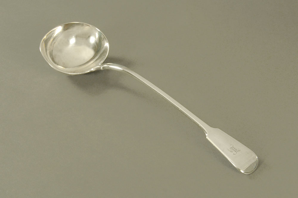 A Victorian silver fiddle pattern soup ladle, possibly by John Stone London 1850.