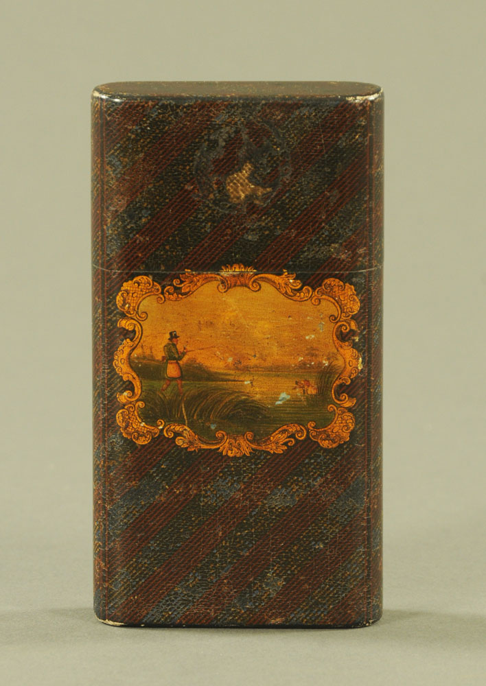 A 19th century lacquered cheroot case, decorated with a hunting scene. Height 12.5 cm, width 7 cm.