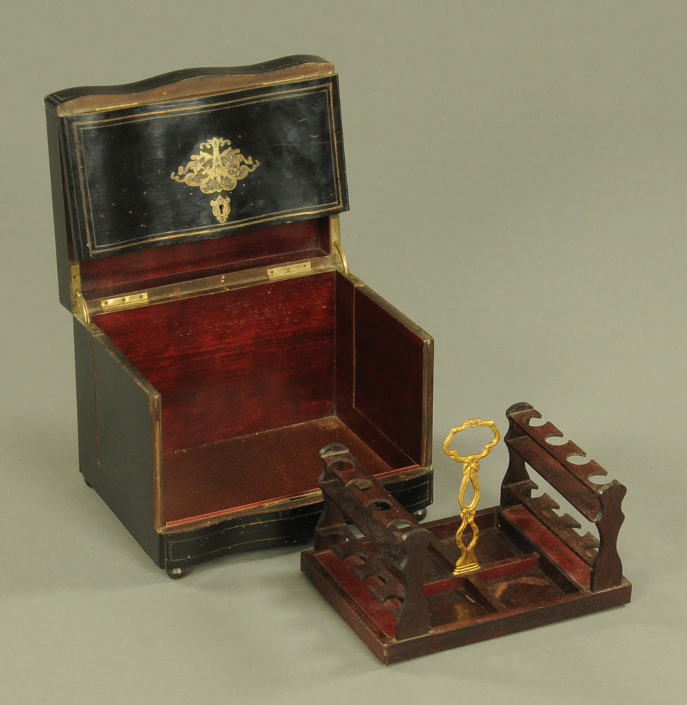 A 19th century French ebonised decanter box, inlaid in brass and with brass stringing, - Image 2 of 2