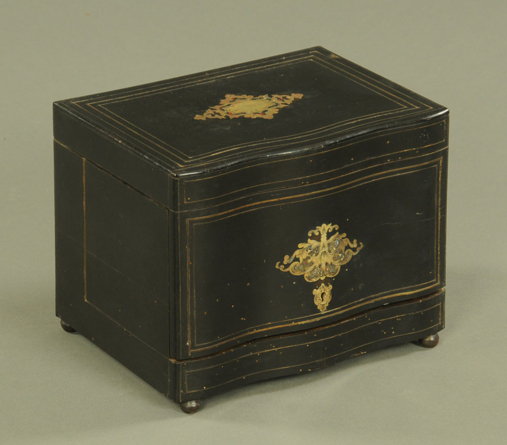 A 19th century French ebonised decanter box, inlaid in brass and with brass stringing,