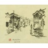 20th century Chinese school, charcoal drawing, street scene.