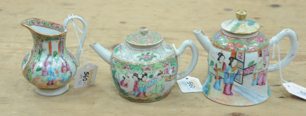 Two Chinese Cantonese teapots, of small form together with a similar jug. Tallest 12 cm. - Image 2 of 8