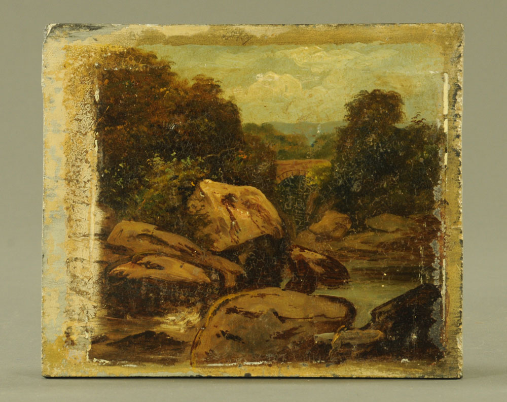 A 19th century Welsh oil painting on slate - river landscape with boulders to foreground. 21 x 23.