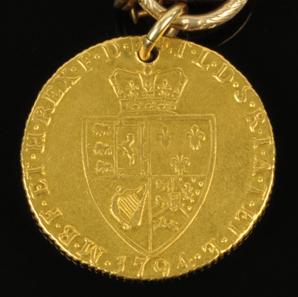 A George III 1794 gold spade guinea, sold together with a Victorian 9 ct gold muff chain, - Image 3 of 3
