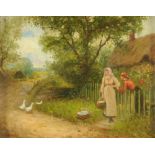 William Logsdail (1859-1944), oil on board, rural lane with figures and thatched cottage.