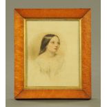 Victorian school, watercolour, half length portrait of a young girl ready for bed, 19 x 15 cm,