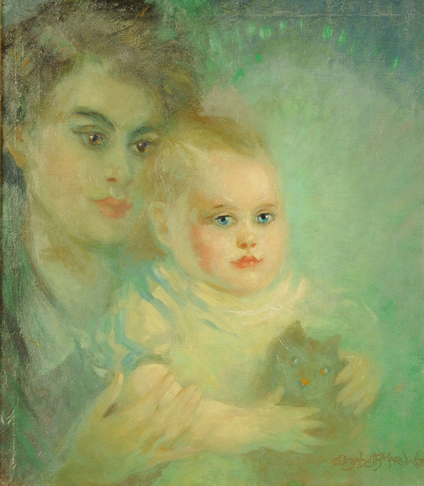 Elizabeth Mary Watt (1886-1954), oil on canvas, mother with child and cat.