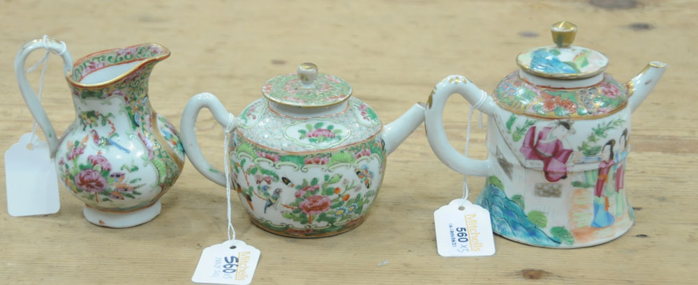 Two Chinese Cantonese teapots, of small form together with a similar jug. Tallest 12 cm. - Image 3 of 8