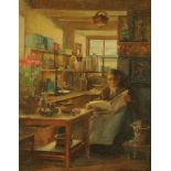 J Morton Dunlop, oil on canvas, lady reading in kitchen. 44 cm x 33 cm, framed, signed.