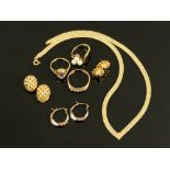 A 9 ct gold necklace, three rings, two pairs of earrings and a pair of 14 ct gold earrings.