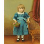 A 19th century oil painting of a young child with basket of flowers. 32 cm x 26 cm, framed.