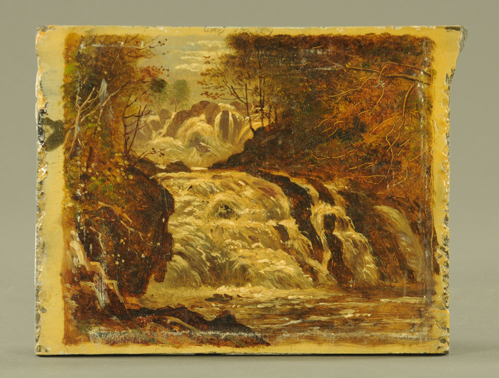 A 19th century Welsh oil painting on slate, falls, possibly Betws-y-Coed. 20.5 x 25.5 cm.