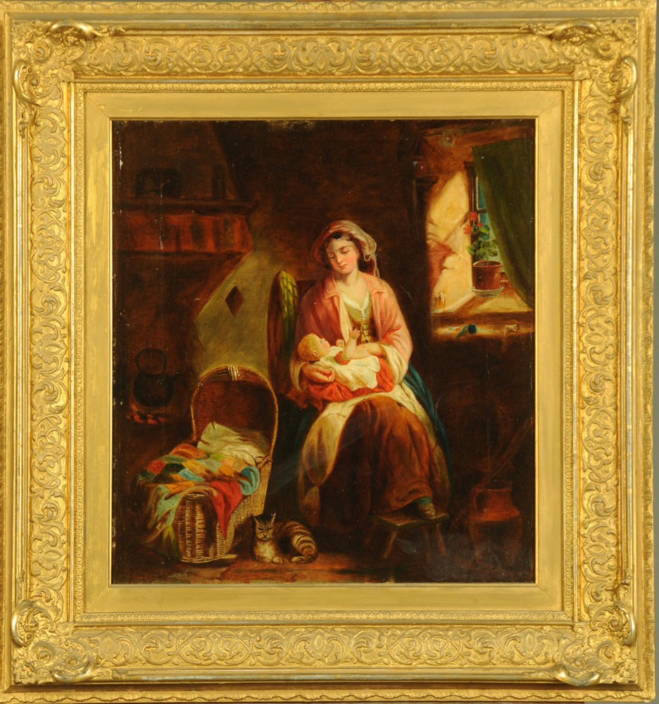 A 19th century oil painting on canvas, mother and child interior scene. 46 cm x 42 cm, framed. - Image 2 of 2