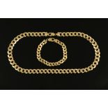 A 9 ct gold heavy link chain necklace and matching bracelet, length +/- 54 cm,