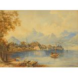 19th century continental school watercolour, lake scene. 26 cm x 36 cm.