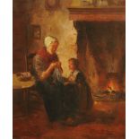 Kees Terlouw (1890-1948), oil on canvas, an interior scene lady and child by fire. 59 cm x 48.