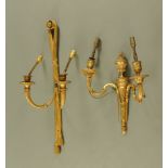 Two gilt painted metal wall light fittings, both two branch.