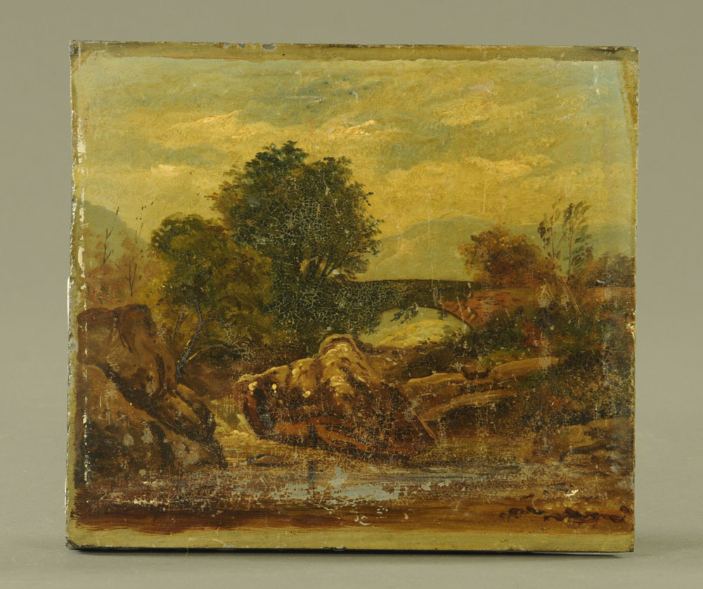 A 19th century Welsh oil painting on slate - country river landscape with boulders to foreground.