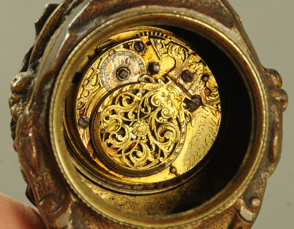 A miniature brass mantle clock, with pocket watch Verge movement by Thomas Hall Rumsey. - Image 2 of 2