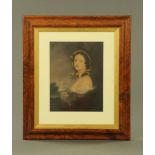 19th century school, coloured mezzotint, three quarter length portrait of a young lady and dog.