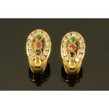 A pair of 18 ct gold multi gem set earrings, stamped 750.