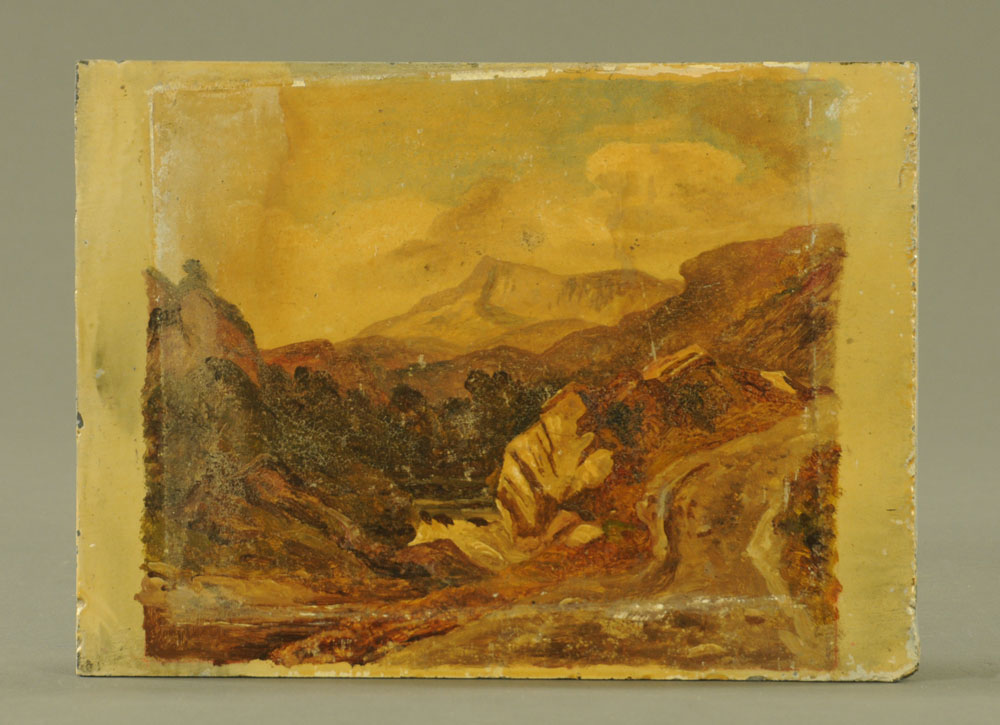 A 19th century Welsh oil painting on slate, mountain path with Llyn Elsi. 20.5 x 28 cm.