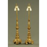 A pair of brass table lamps, in the rococo style, each raised on three scroll feet.