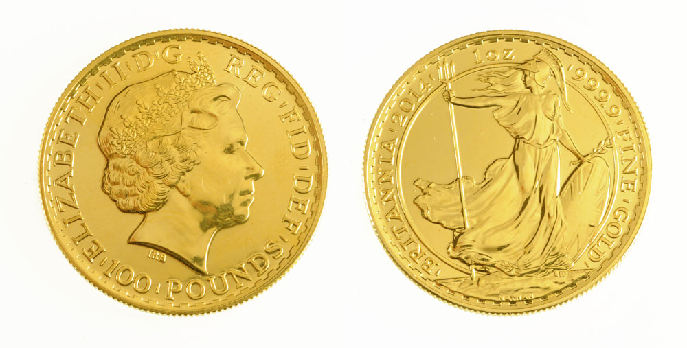 A Queen Elizabeth II gold Britannia, 2014, inscribed "One Ounce 999.9 Fine Gold Britannia". UNC.