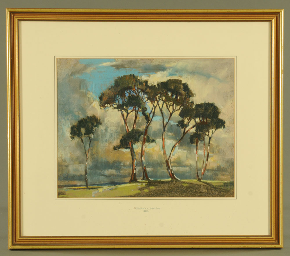 Frederick C Davison (1902-1989 RBA), a pastel, trees in landscape. - Image 2 of 2