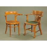 A 1920's stained and laminated beech wood open arm office chair by Fischel,