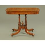 A Victorian burr walnut inlaid turnover top card table,