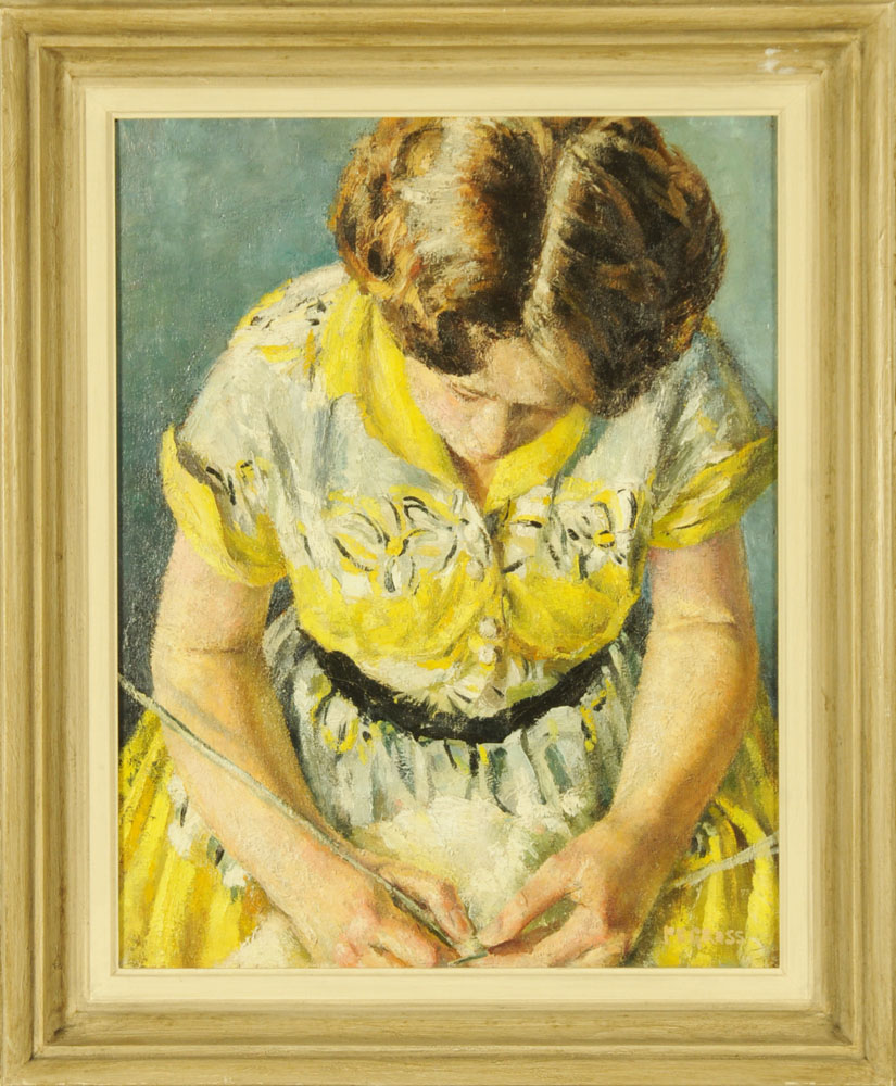 Peter Barrie Gross (1924-1987 PPR BSA), Birmingham artist, oil on canvas "Marianne Knitting 1954", - Image 2 of 4