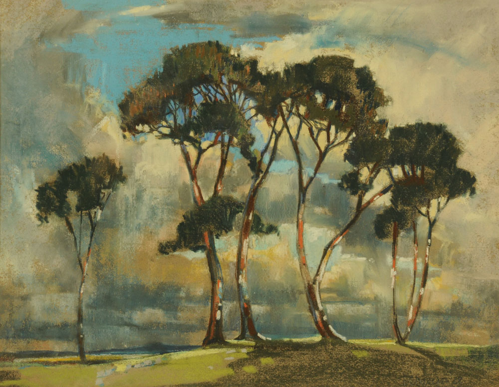 Frederick C Davison (1902-1989 RBA), a pastel, trees in landscape.