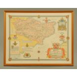 An Ernest Clegg 1940's map of the Battle of Britain, Kent. 44 cm x 57 cm, framed.