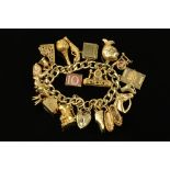 A 9 ct gold charm bracelet, with padlock, all charms hallmarked with the exception of the bell,