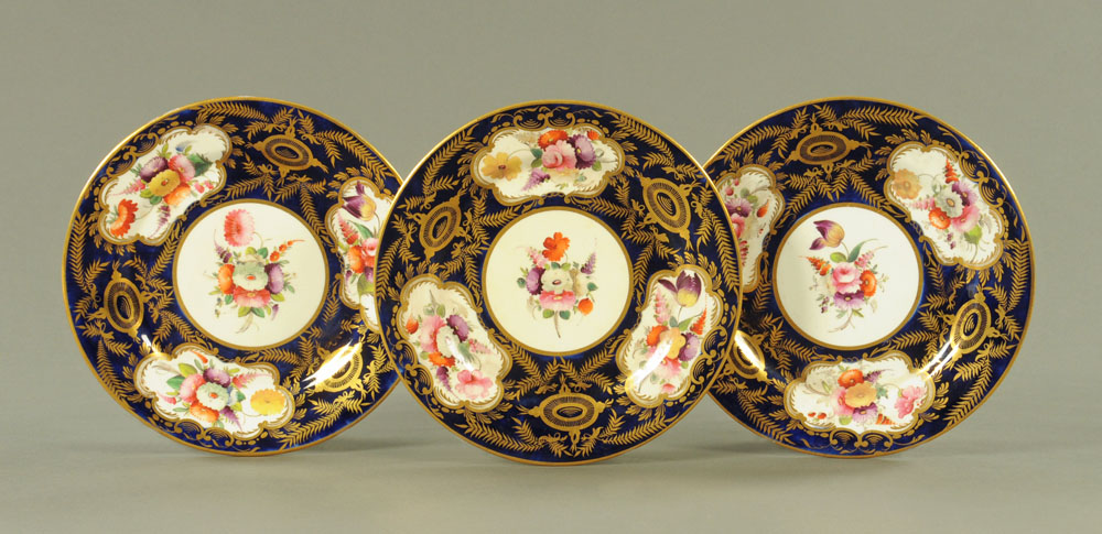 Three 19th century Worcester style hand painted plates. Diameter 22 cm.