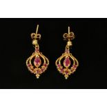 A pair of 9 ct gold ruby and diamond drop earrings, stamped 375.