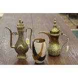 Two North African brass coffee pots and a studio pottery vase