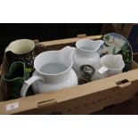 Box of white jugs, fish jug, wetheriggs jug, 24 cm high and a Royal Doulton decorative plate,