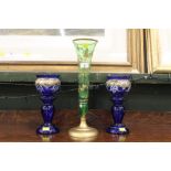 Three pieces of Bohemian glass, green glass vase with gilt overlay,