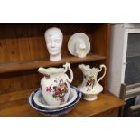 Two 19th century toilet basins, 2 floral water jugs,