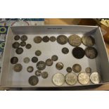 Collection of silver coins, peace dollar, 1964 half dollars, 1935 crown, 1887 half crown,