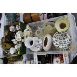 Two boxes of jugs, cake plates, figurine, salt and pepper, vases,