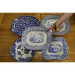 Collection of five Victorian transfer printed blue and white ashetts with various designs and
