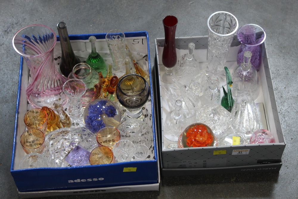 Two boxes of glassware, paperweights, glass animals,