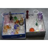 Two boxes of glassware, paperweights, glass animals,