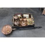 Bed warmer and box of brass and copper ware (kettles, jug, watering can, horse brasses).